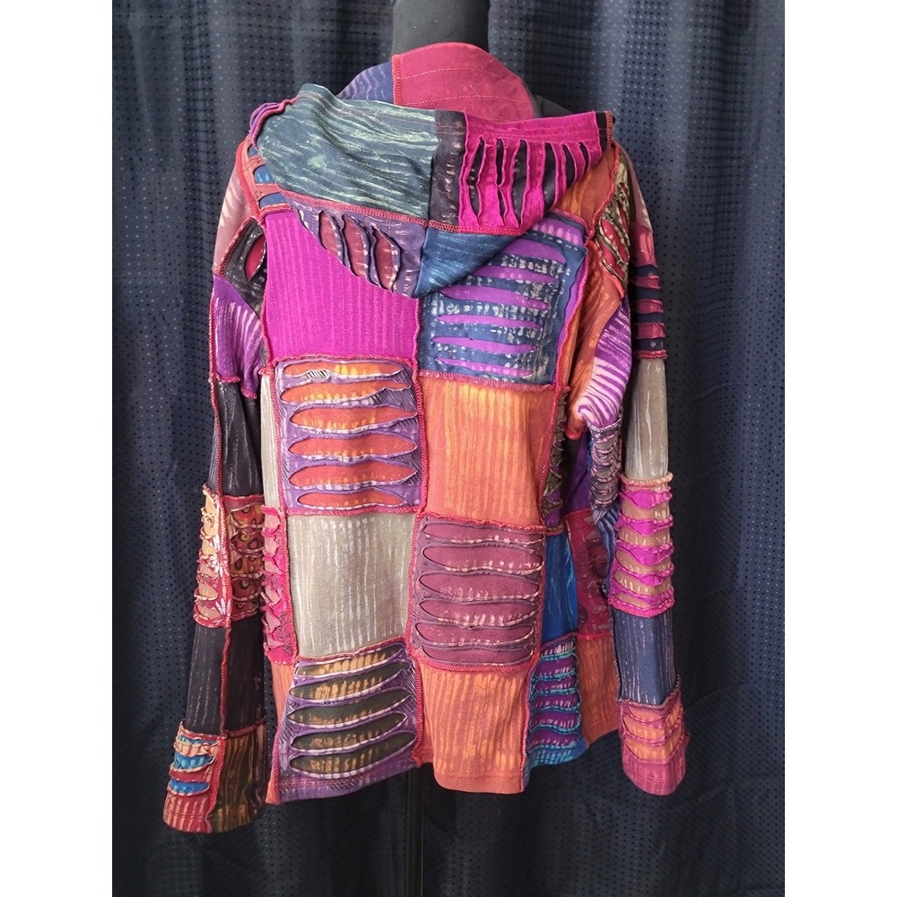 Handmade Nepal Patchwork Razor Cut Hoodie Jacket Multicolor Boho XL Cotton - Picture 3 of 9